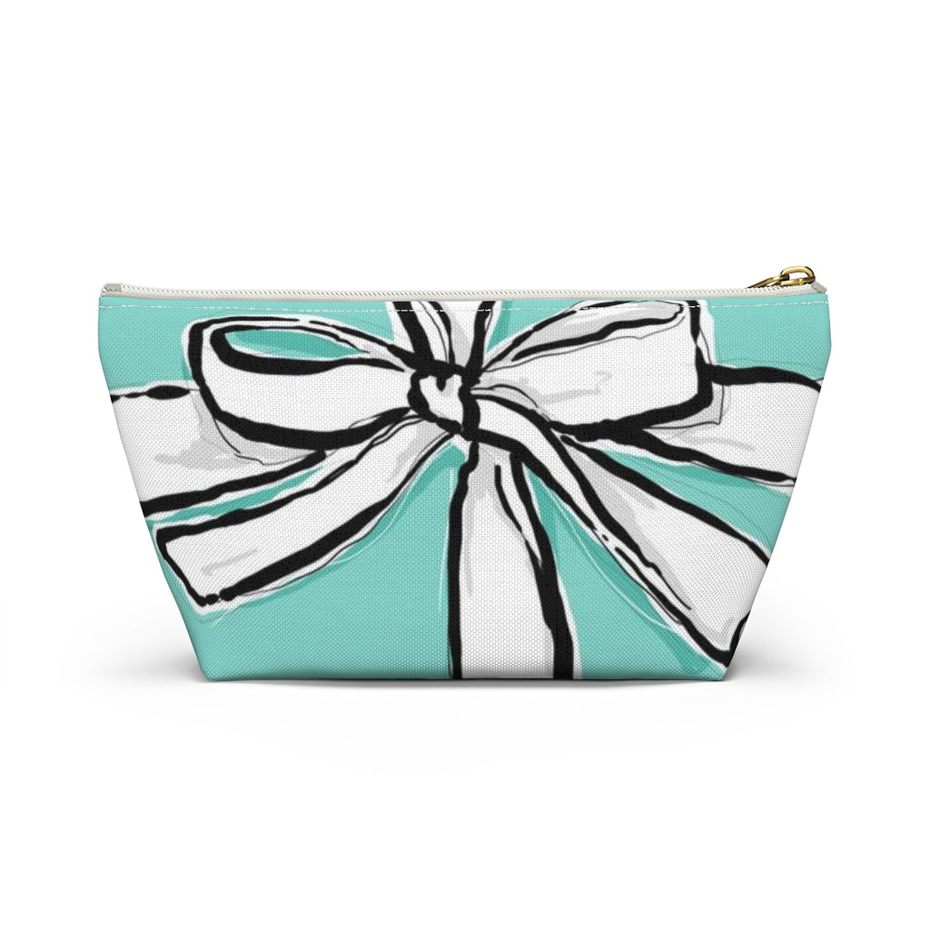 Blue Green Bow Cosmetic Pouch w T-bottom, Accessory Pouch, Breakfast at Tiffany