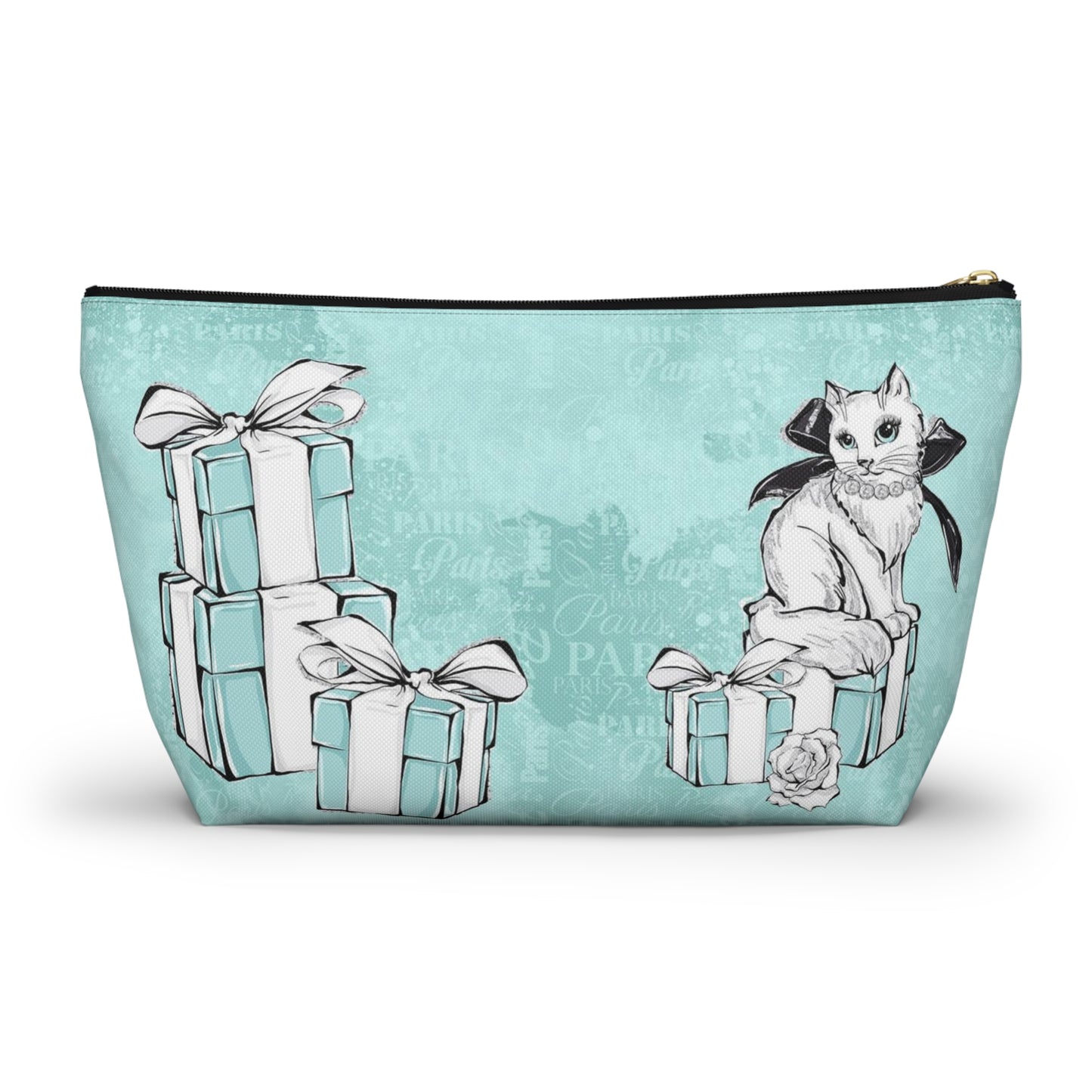 Personalized Kitty Cat Cosmetic Pouch w T-bottom, Accessory Pouch, Cat Lovers Little Blue Gift Box - Paris Blue